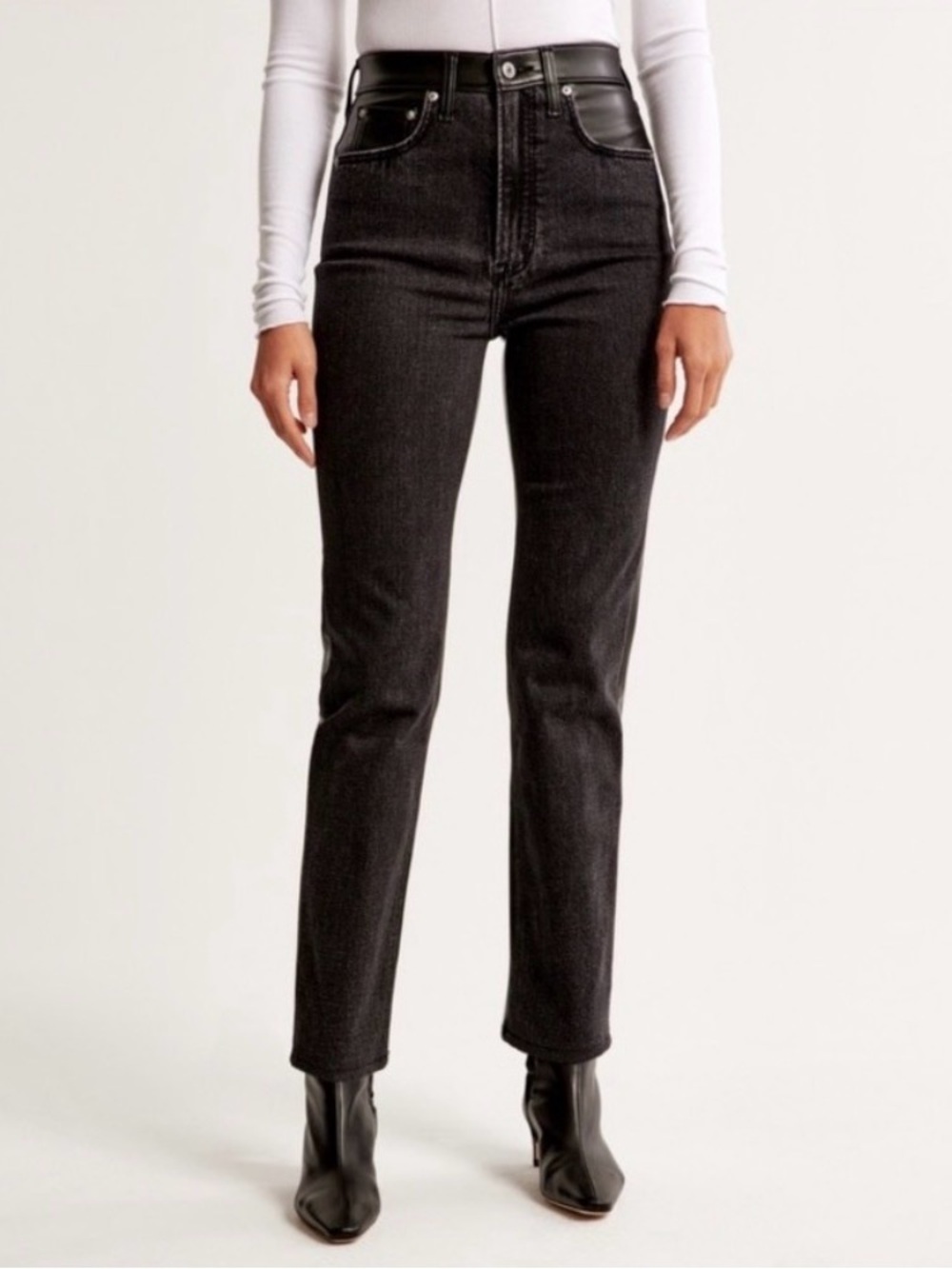 Black Leather and Denim Ultra High Rise Ankle Straight Jean in size 30 X-Long